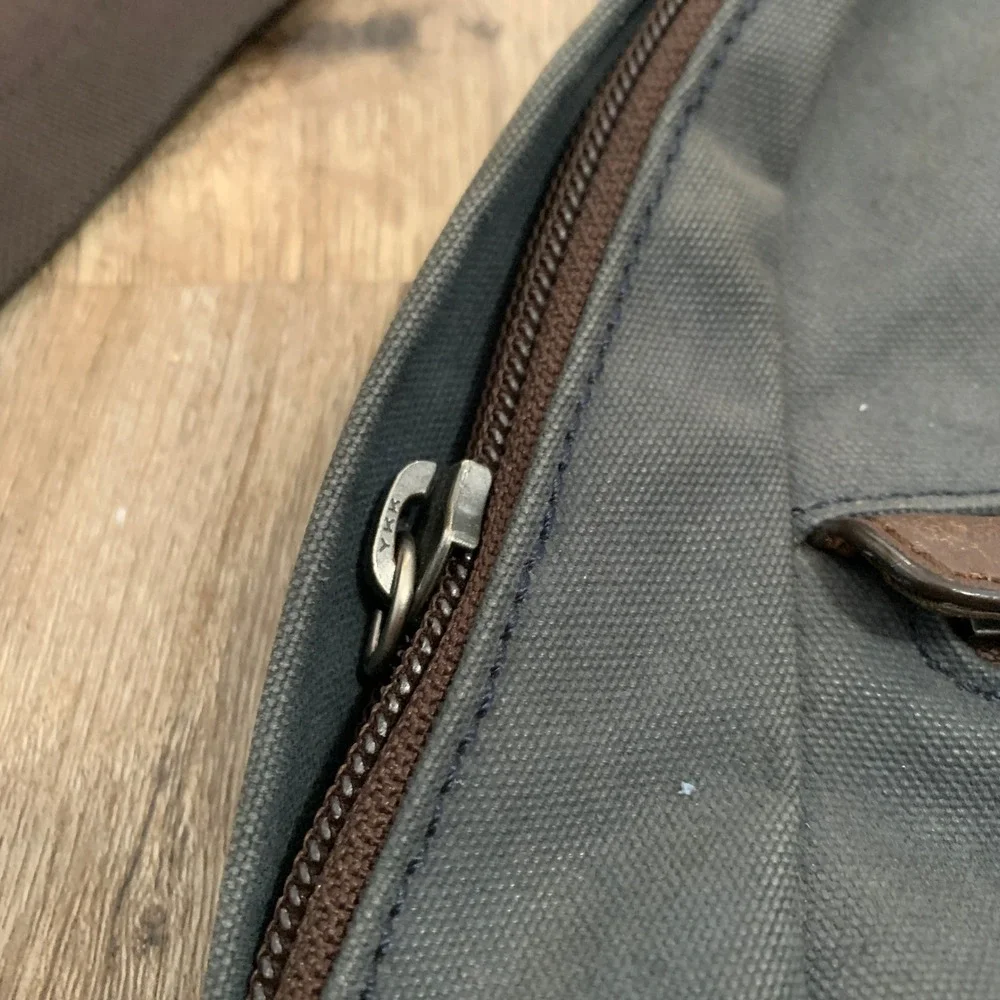 Coach 2013 canvas sling backpack in navy blue w/ brown leather panels - 13x18in‎